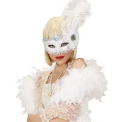 Oogmasker Wit Met Roos En Veren -Cosplaykostuum Winkel wdm1014 1795w b