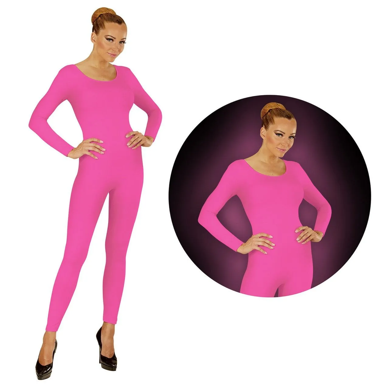 Neon Roze Bodysuit Glow Vrouw Kostuum 1 Neon Roze Bodysuit Glow Vrouw Kostuum